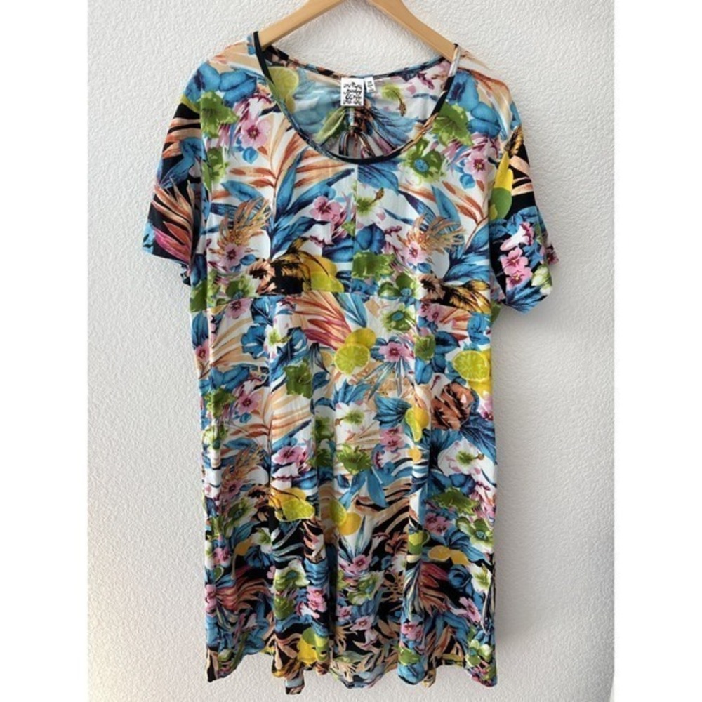 Parsley & Sage Tropical Lemon Floral Dress 2X Colorful Open Back Beachy Vacation